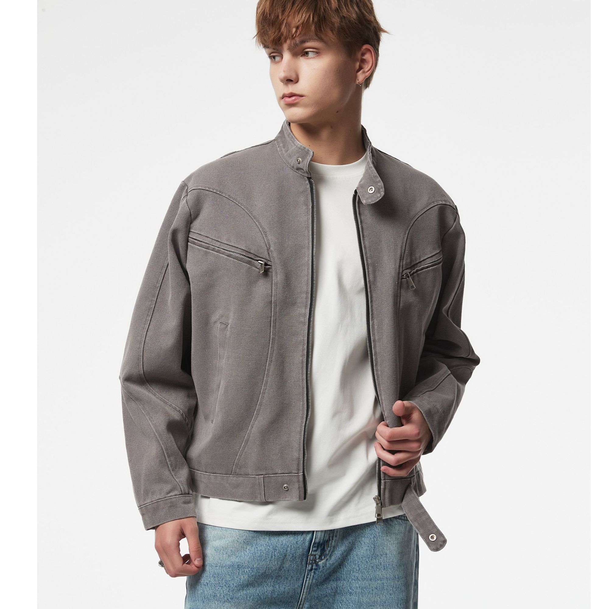 重磅加厚棉衣水洗做旧底特律哈灵顿拼接风琴褶立领工装珠帆布外套