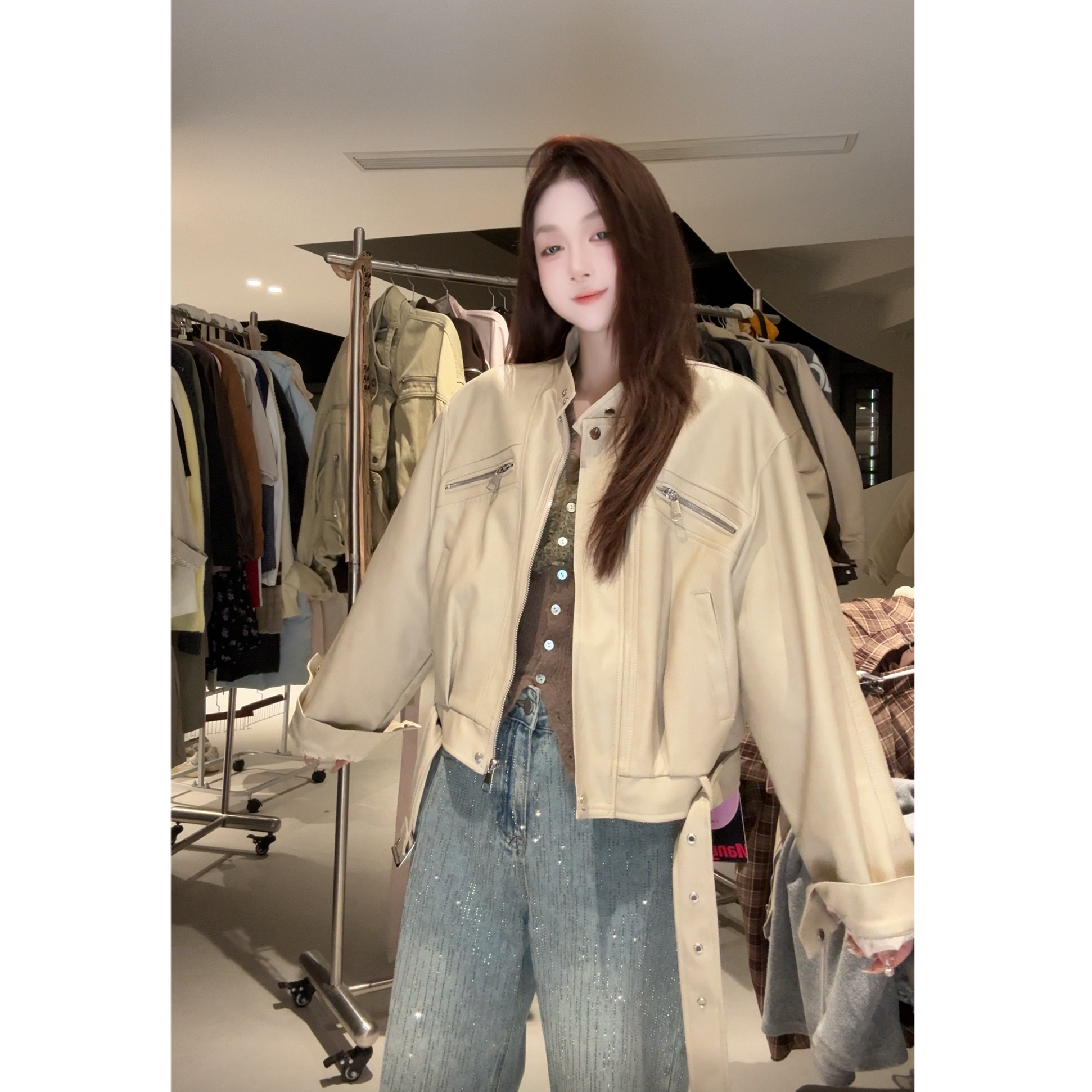 法式短款秋季水洗长袖皮衣牛仔设计感夹克休闲8739