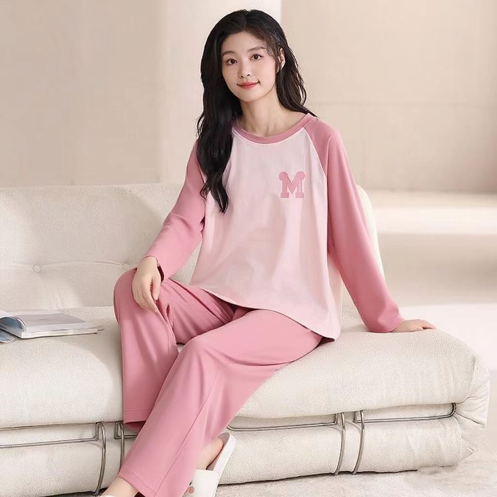 秋冬新款蜜桃粉色长袖长裤纯棉圆领套头睡衣家居服时尚休闲套装