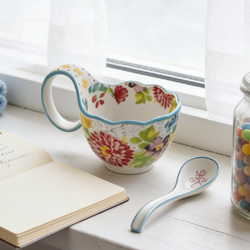 陶瓷美国先锋-曲把碗加勺子2件套家用创意手绘早餐杯喝水杯带勺子