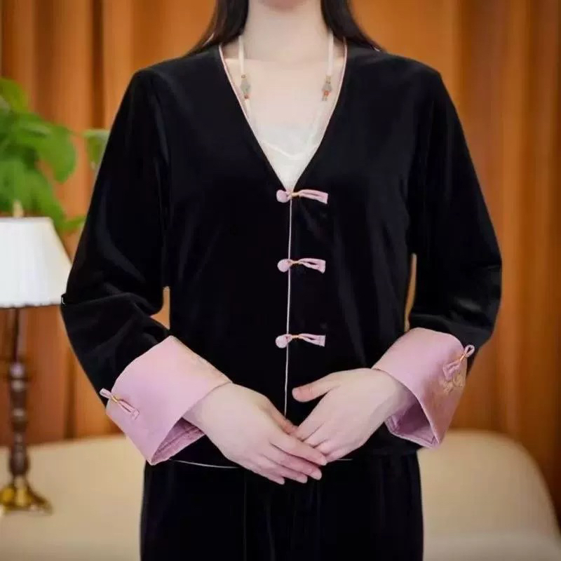 秋季丝绒新中式女士V领小外套上衣中国风双面双穿时尚百搭