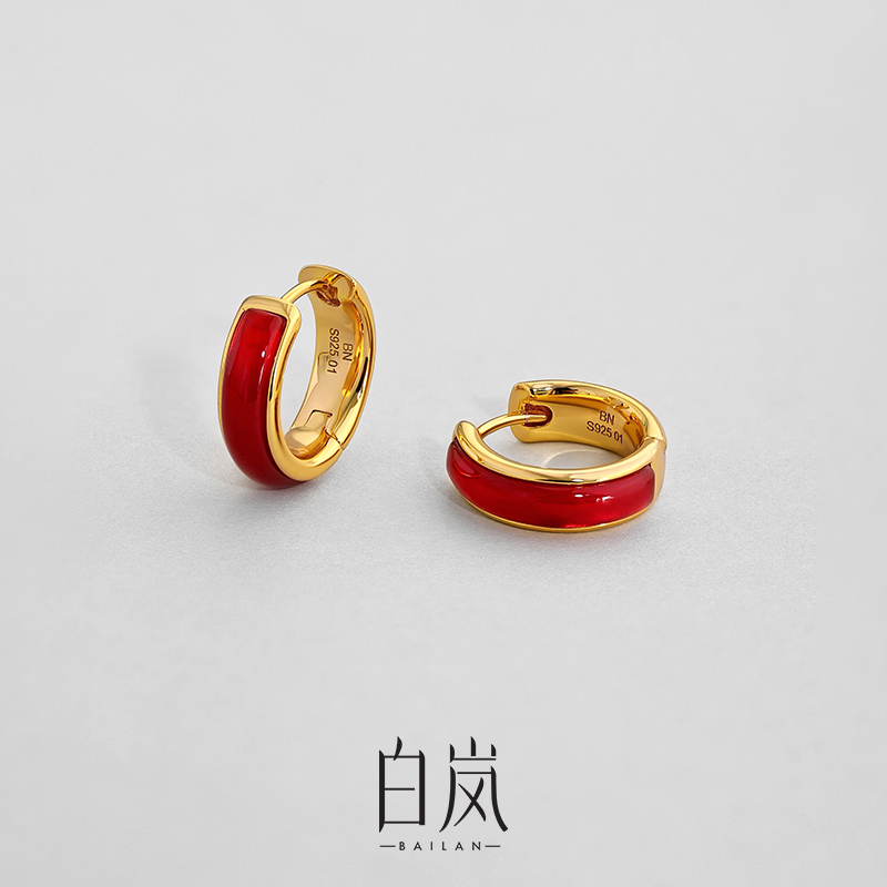 白岚红玛瑙耳圈925银简约气质耳环新款女设计ED4437商品图