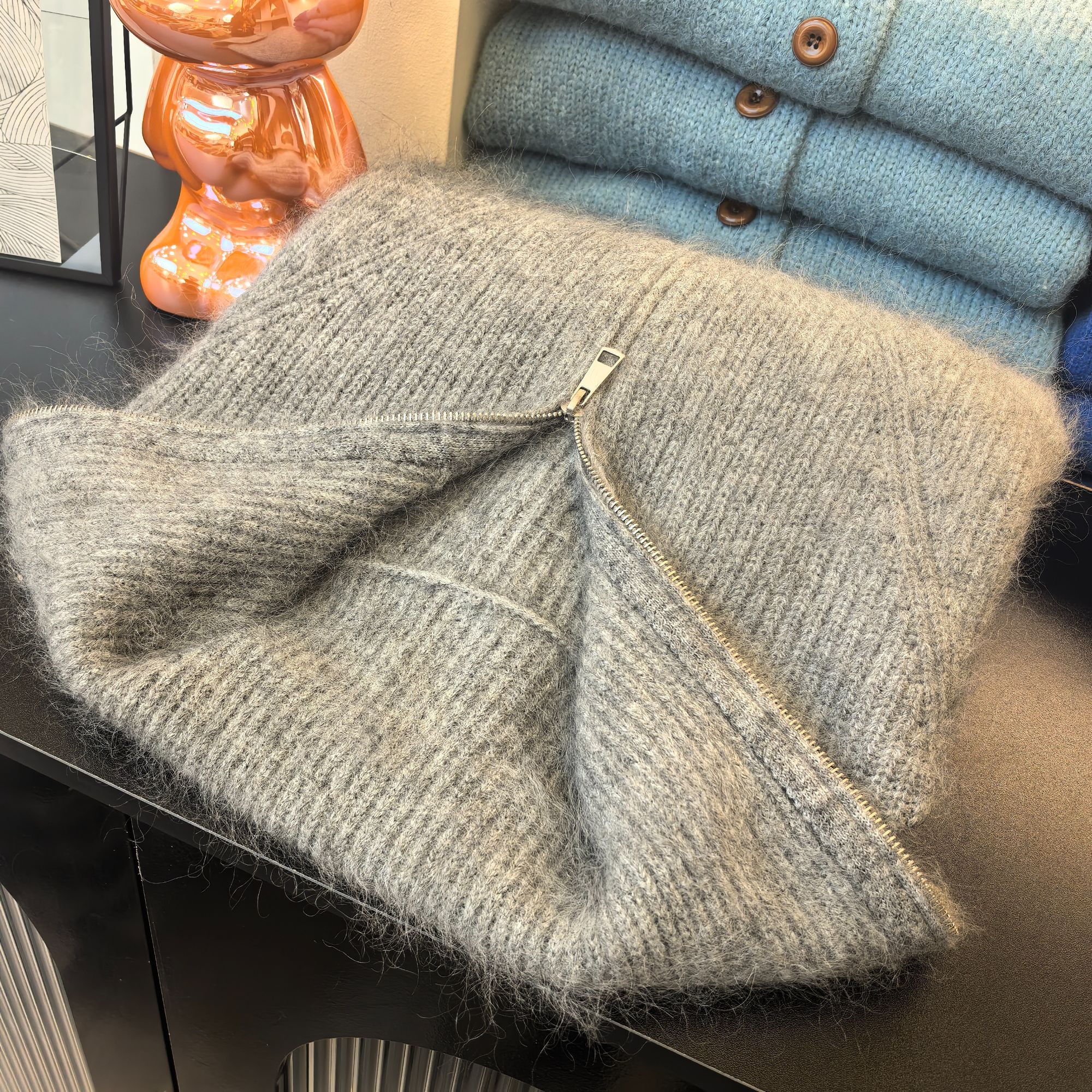 灰色基础百搭韩系宽松小个子拉链翻领针织上衣女1000