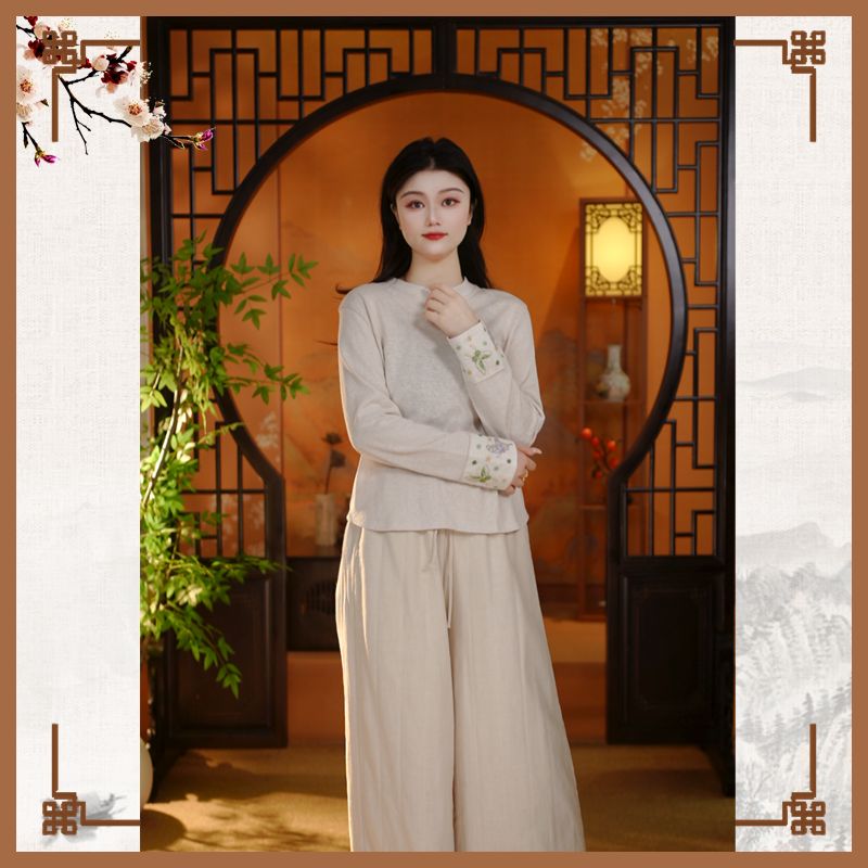【物语】秋季立领中国风长袖打底T恤复古休闲风刺绣禅意常规女上衣