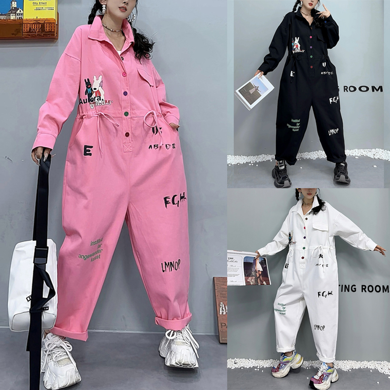 新款字母印花牛仔连体裤女宽松长裤大码显瘦连体裤潮垮裤