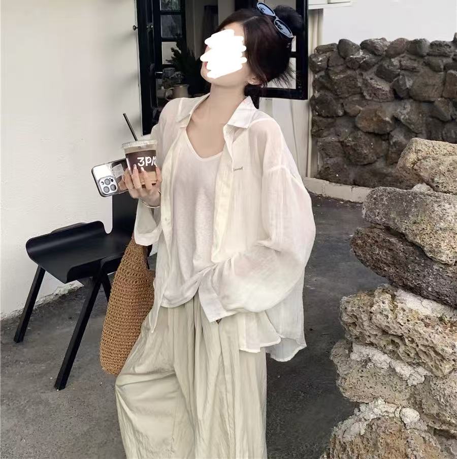 [胖鹅张] 透气薄款刺绣小标防晒衬衣 #695[实物以直播间展示为准]