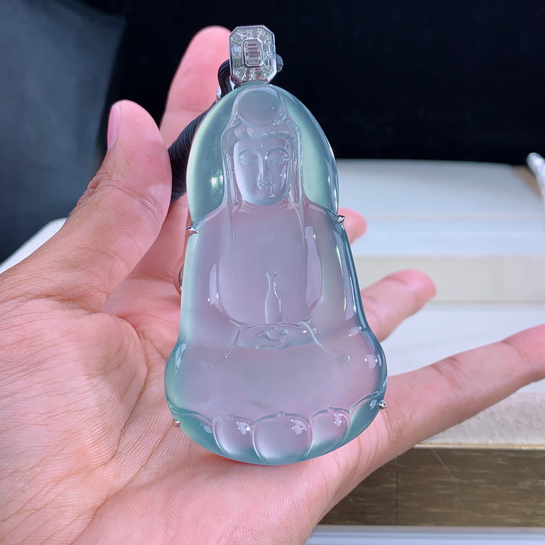 收藏毕业级玻璃钢翡翠素衣观音高端大气大尊带点晴底色