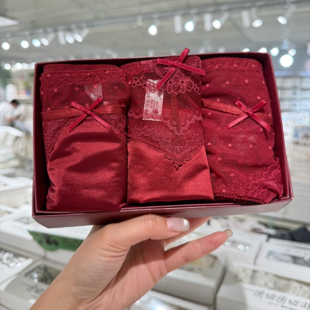 安可拉红（3条装）红色蕾丝网纱本命年女士内裤舒适透气
