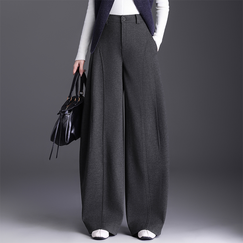 毛呢贝斯裤女2025秋冬爆款显瘦高腰加厚宽松直筒阔腿香蕉裤弯刀裤