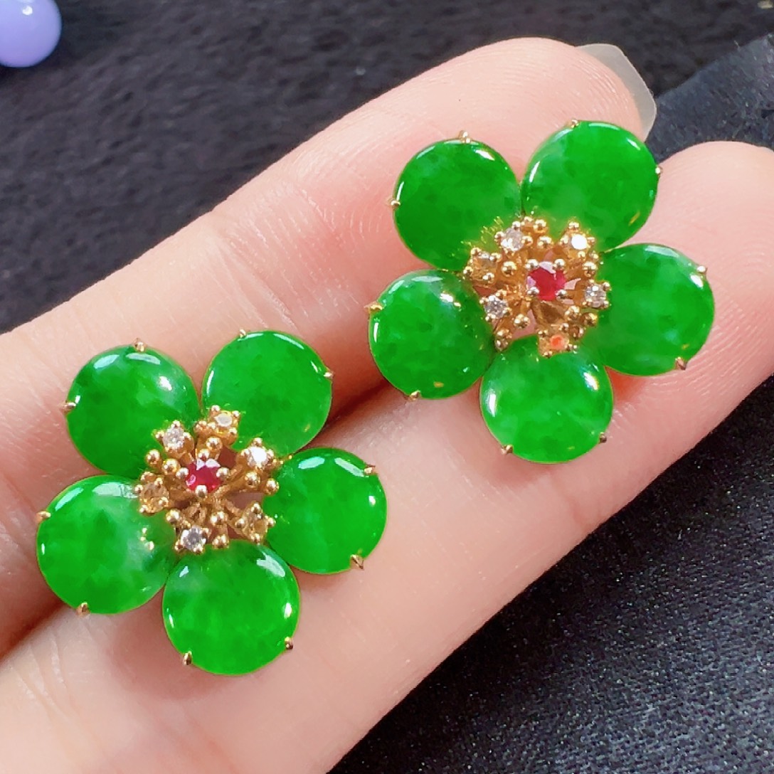 翡翠18K金镶嵌耳饰签收后24小时鉴赏期