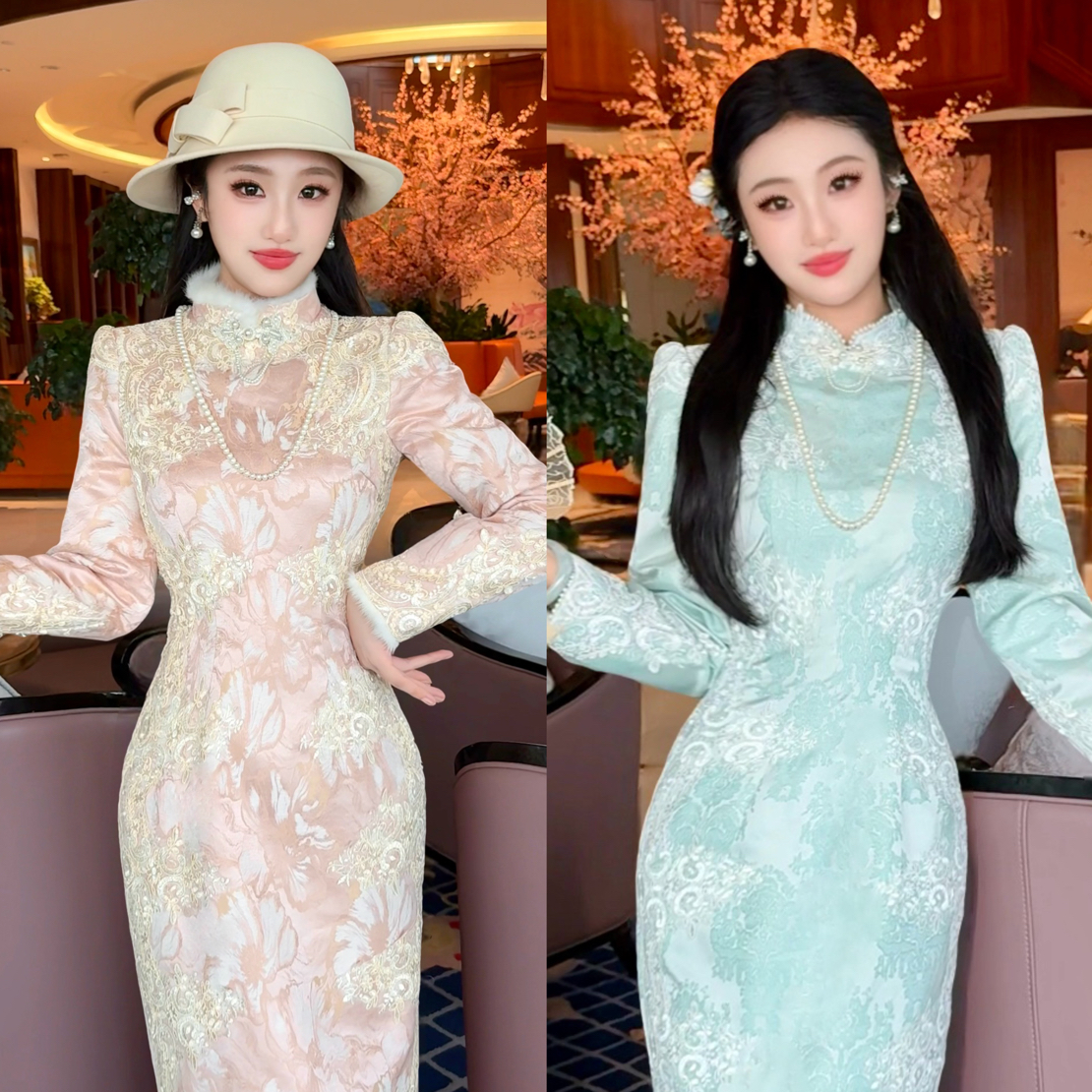 【媛珠 矜贵蕾丝】重工贵气国风提花秋冬旗袍时尚套装长款连衣裙