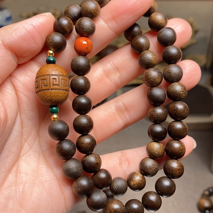 沉香手串越南芽庄古董紫棋楠0.8➕红土沉香木雕设计