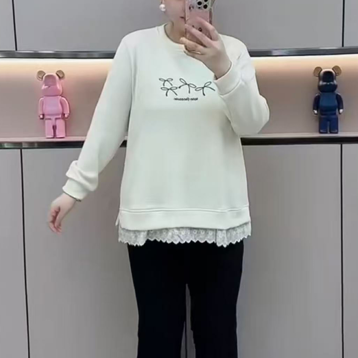 韩式拼接蕾丝花边宽松加绒卫衣T恤秋冬保暖百搭女大码长袖上衣