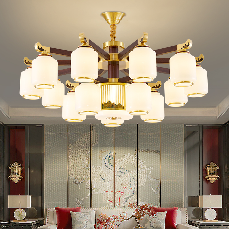 2025年新款珐琅彩客厅吊灯新中式别墅大厅铜加木餐厅卧室灯具
