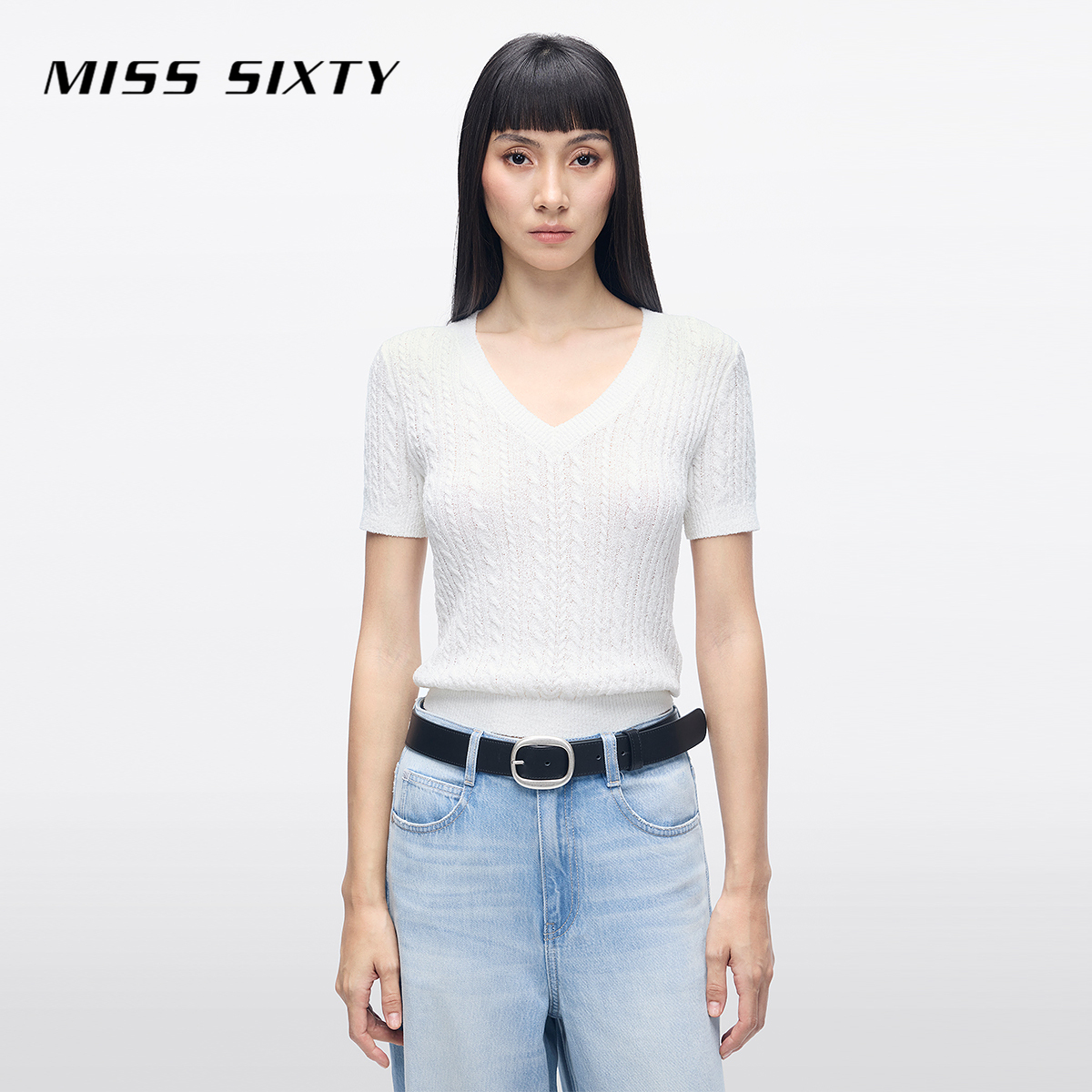 Miss Sixty2025春季新款针织衫女V领复古麻花肌理修身短款百搭