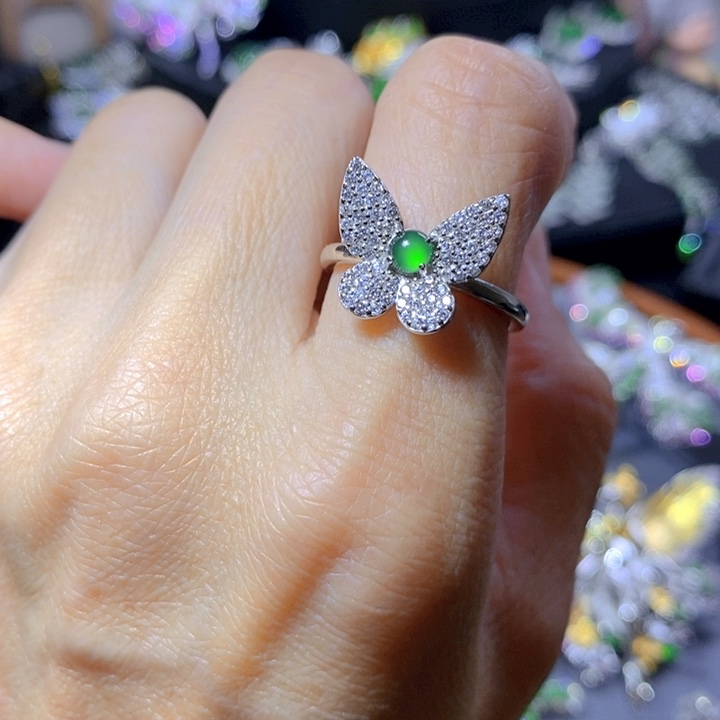 翡翠戒指银S925镶嵌天然翡翠