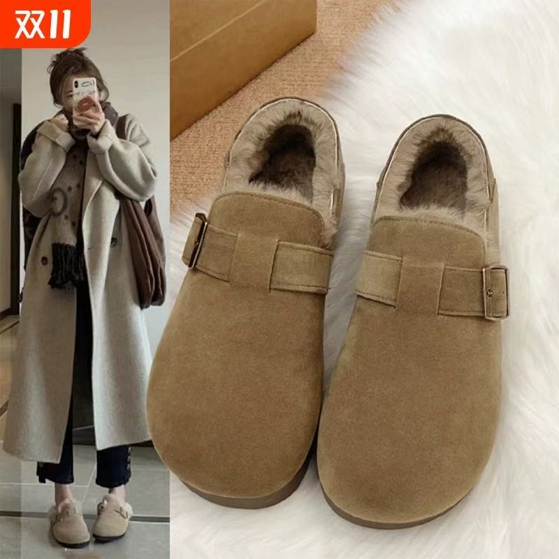 三福真皮加绒全包复古勃肯鞋女冬季新款一脚蹬毛毛棉鞋保暖雪地靴