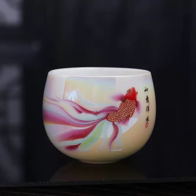 如鱼得水羊脂玉素烧主人杯高升品茗杯单杯中式新粉彩陶瓷功夫茶杯