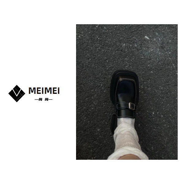 XMM.《方头明线小皮鞋》春季时尚休闲百搭复古英伦风明线哑光小皮鞋