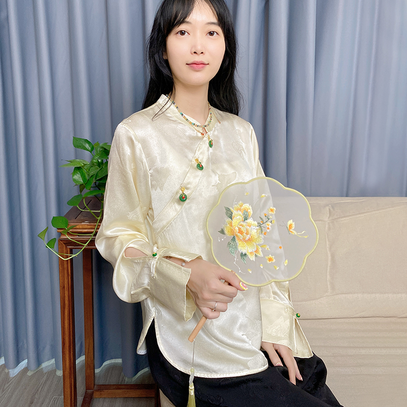 新中式国风满分桑蚕丝提花上衣女2025新款秋季高级感气质显瘦衬衫