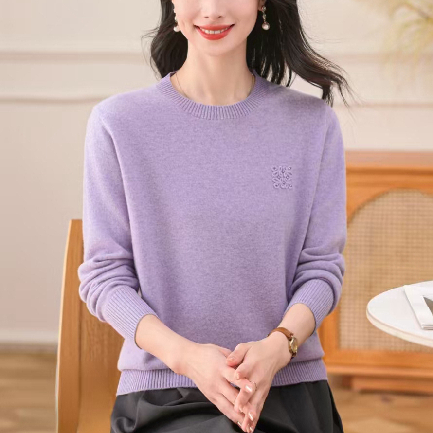 【纬尔飞】圆领纯羊毛纯色洋气打底针织内搭毛衫女上衣针织衫秋冬