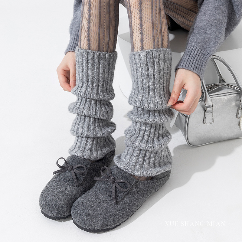 2015年纯色粗条羊毛袜套女秋冬保暖灰色日系美拉德竖条针织长袜