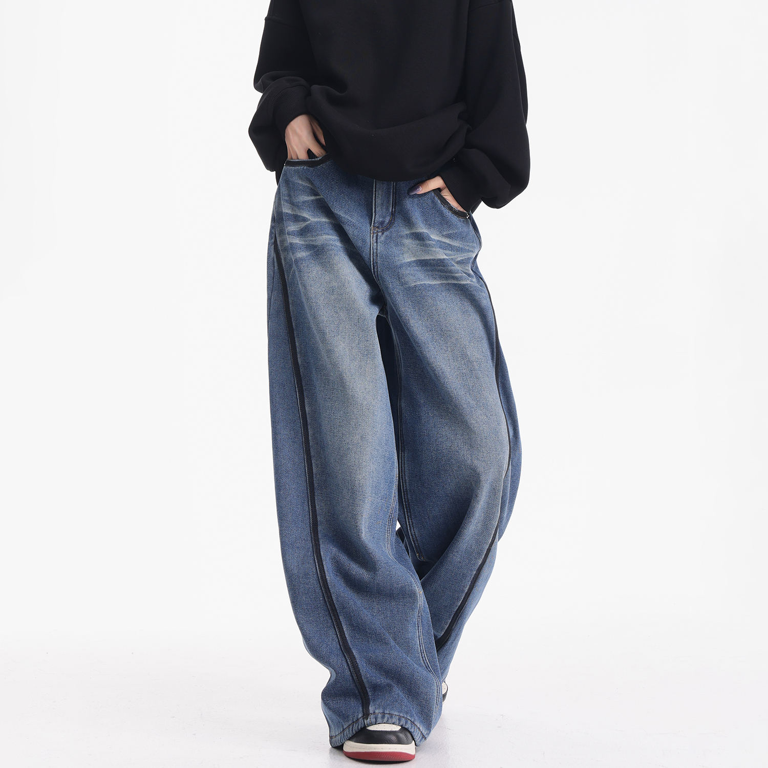 KEN STUDIO秋冬新款蓝色加厚加绒牛仔裤女复古撞色解构阔腿裤裤子