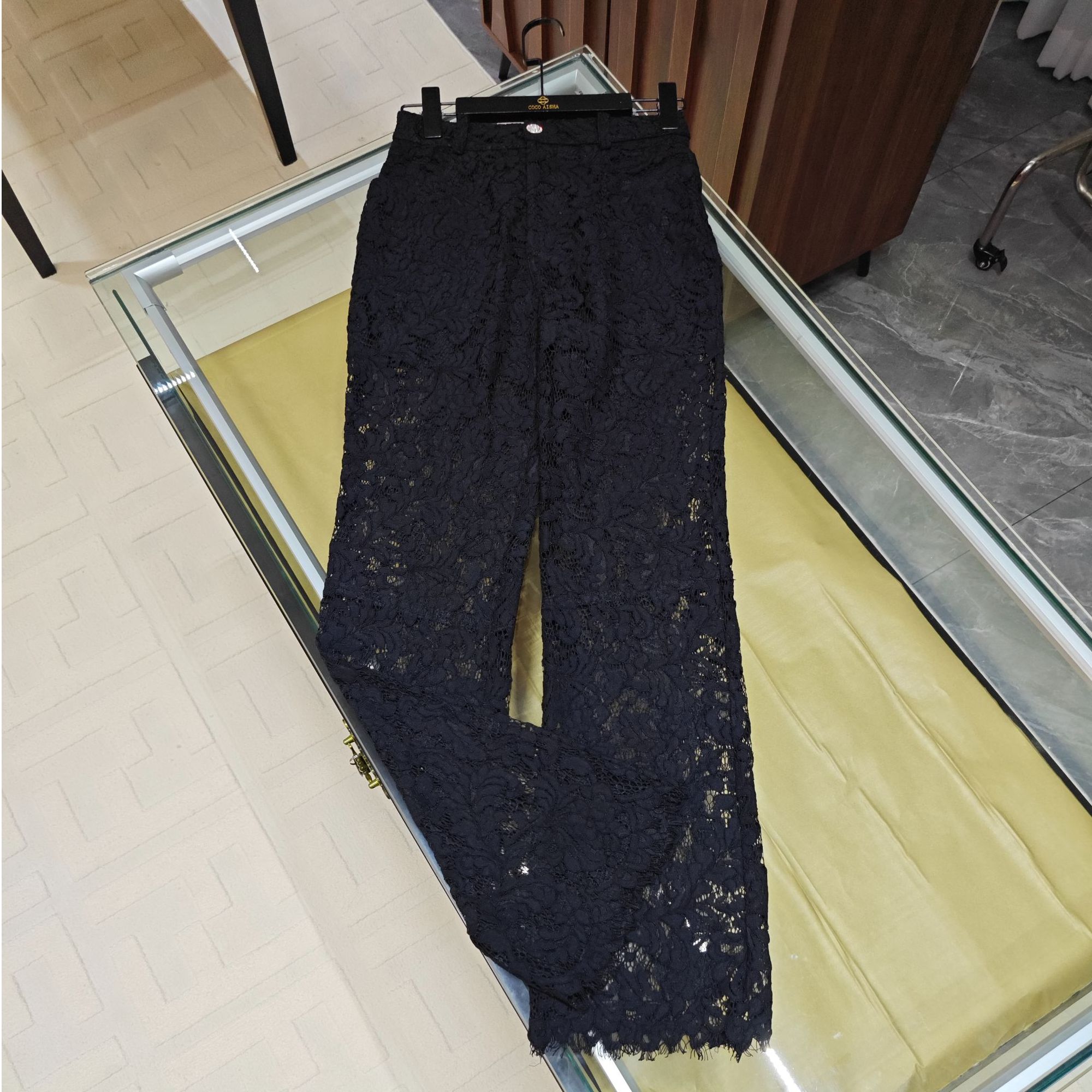 薄款休闲欧美风直筒长裤休闲裤春夏设计师松紧腰提花蕾丝长裤