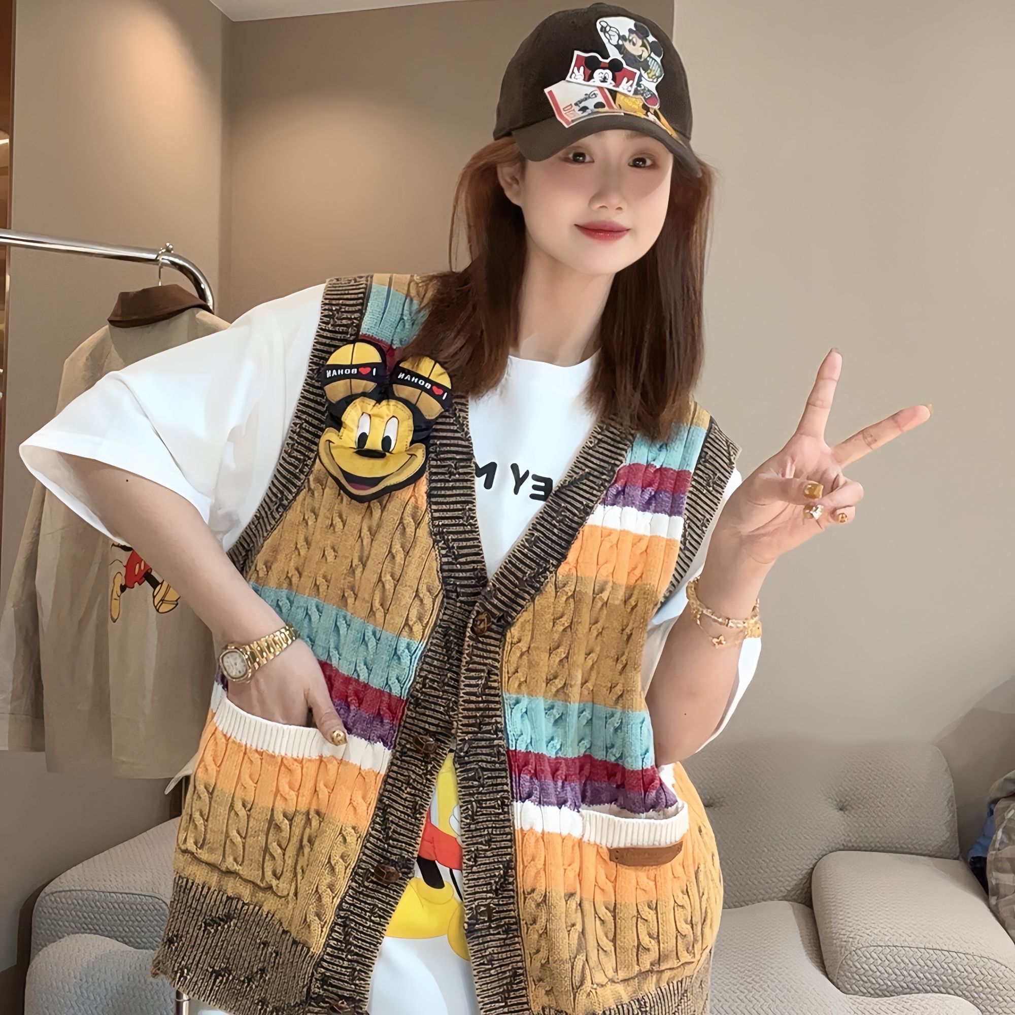 【FANG方方】韩版东大门条纹针织新款马甲女V领叠穿马夹