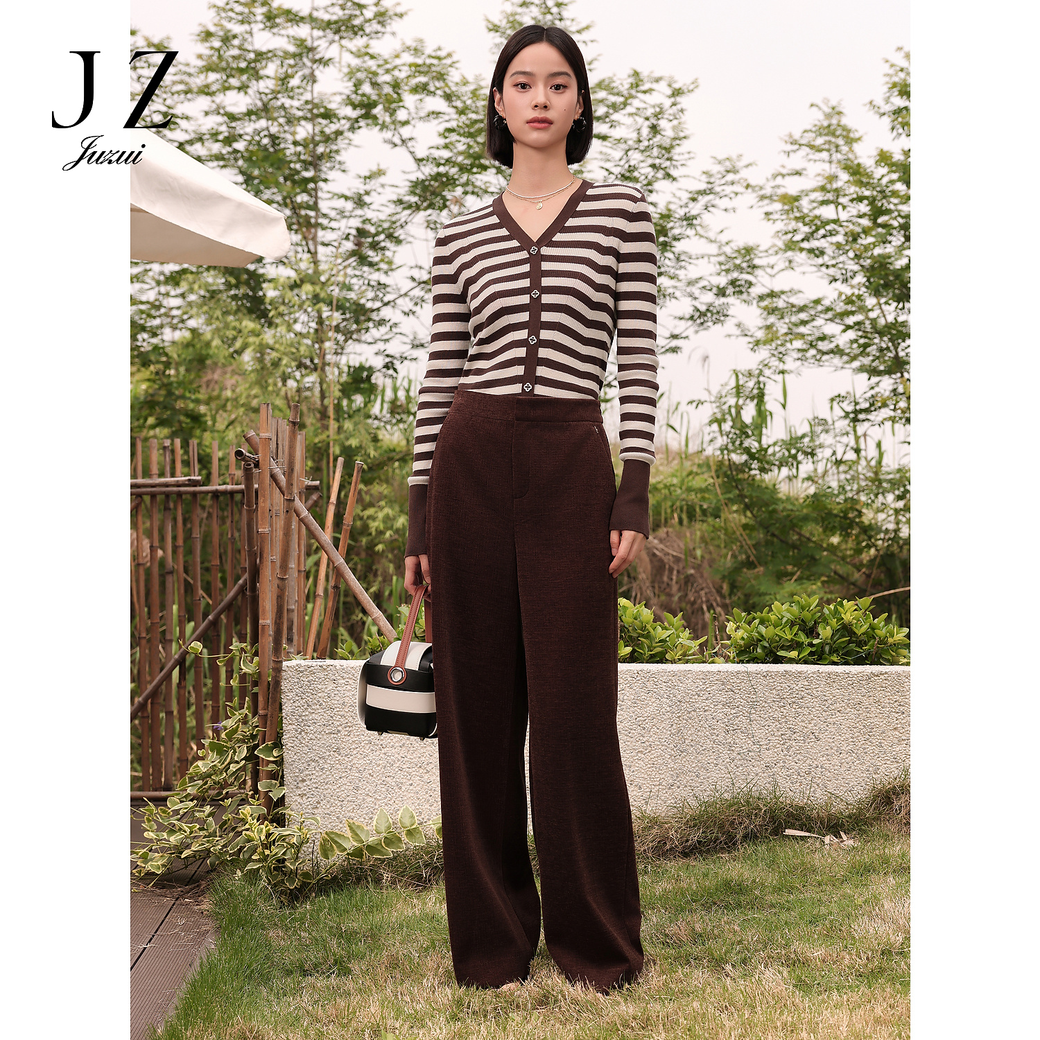 商场同款JZ玖姿复古丝绒直筒宽松休闲裤女装2024秋新款JWEQ11018