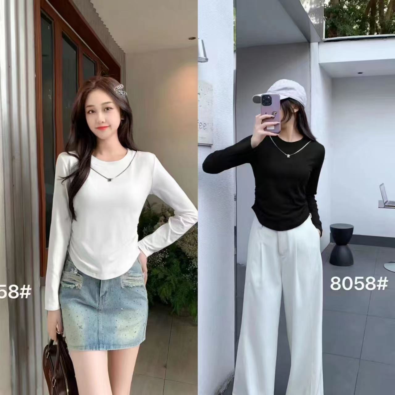 890新款韩版时尚百搭显瘦圆领长袖T恤女