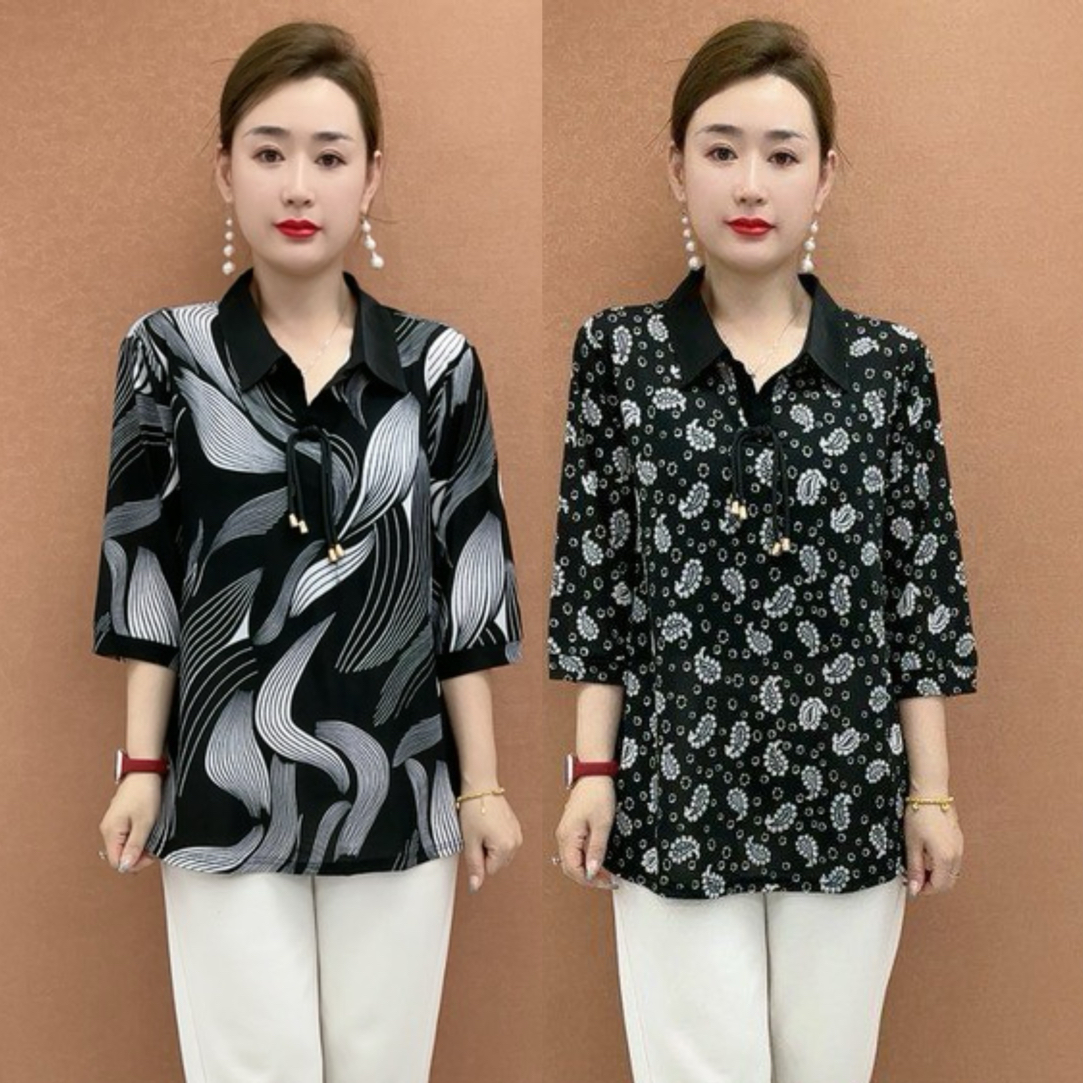 夏季中老年妈妈洋气碎花小V领中袖宽松减龄套头T恤