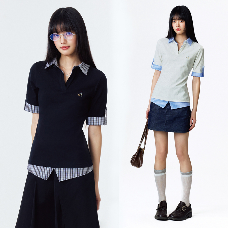 PSOBrand【假两件】弹力罗纹刺绣短袖POLO学院风百搭T恤女NPL003