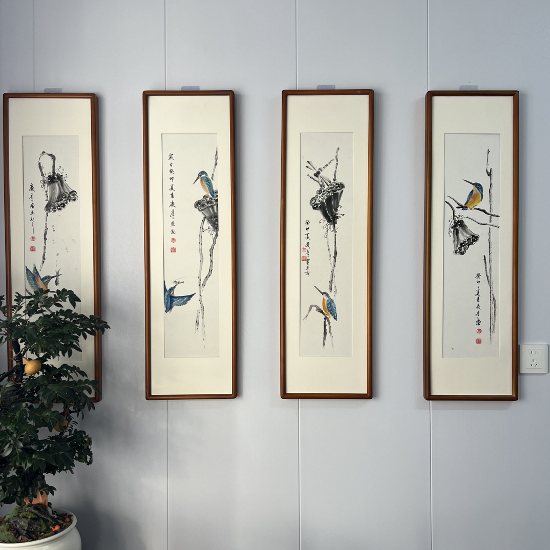 纯手绘带框国画四条屏，单幅尺寸92*27cm，茶室书房适用，实物实拍