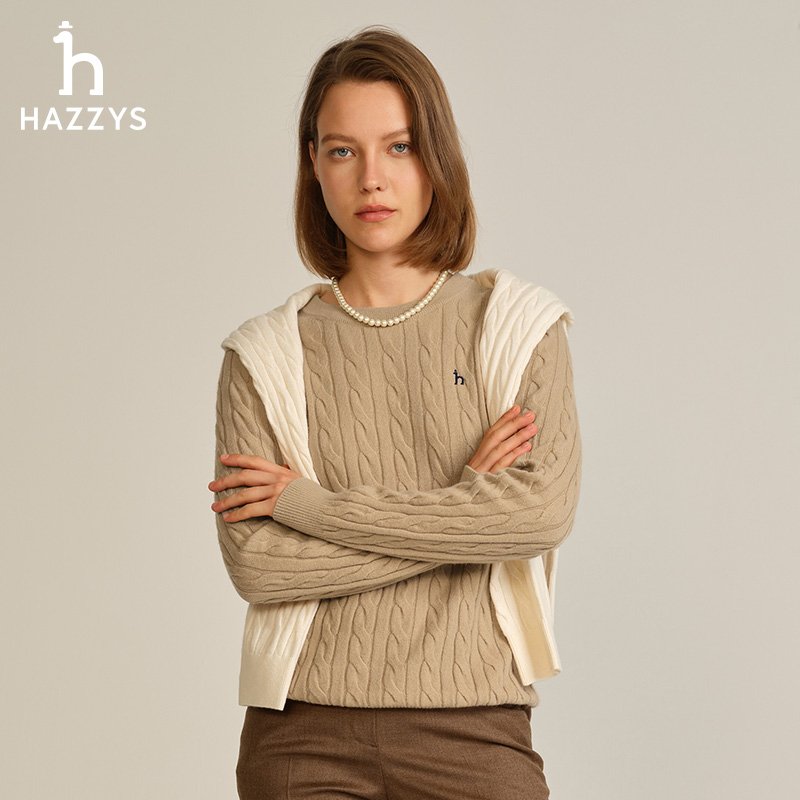 HAZZYS哈吉斯秋冬季女士复古绞花毛衣时尚休闲羊毛衫圆领针织衫