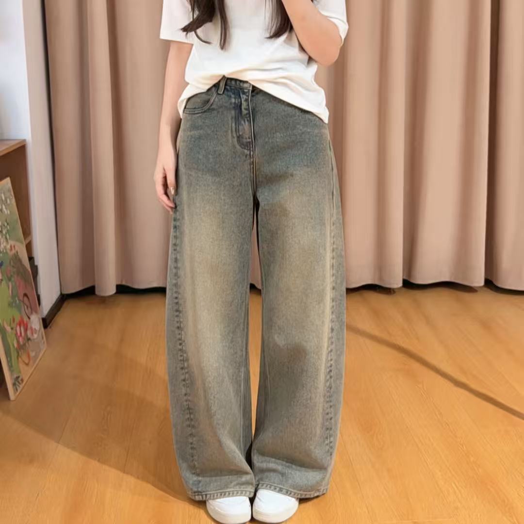 85789余小鱼【做旧牛仔】复古蓝时尚宽松阔腿水洗植绒牛仔裤女装