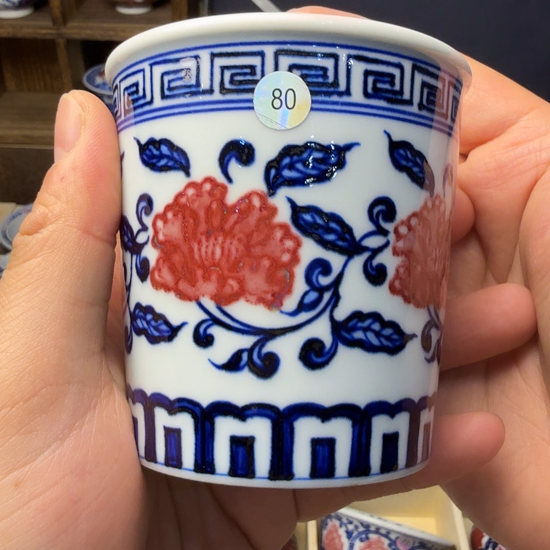 釉里红牡丹可乐杯青花料点