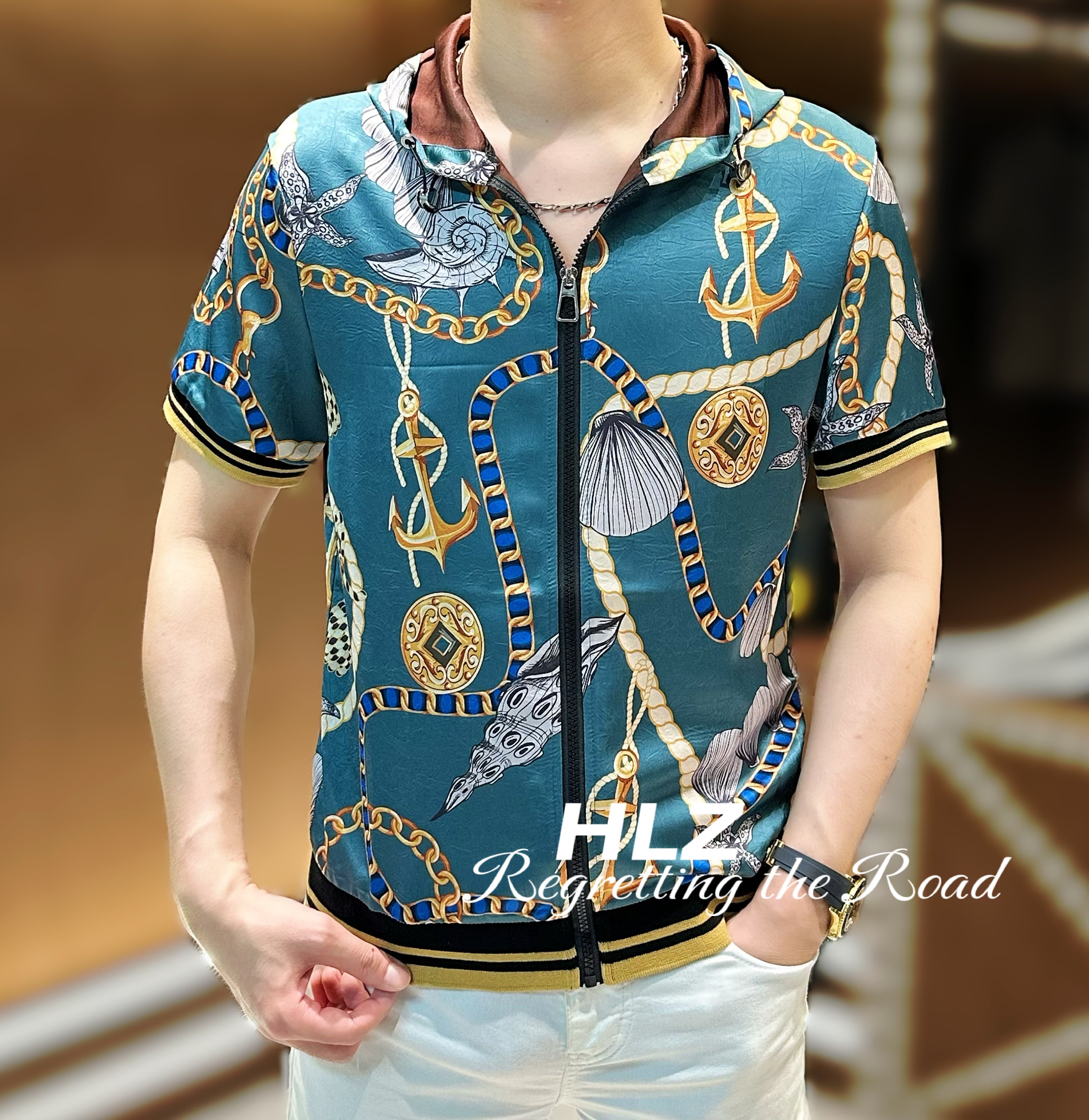 2025夏季新款修身男士休闲个性时尚海底世界印花连帽开衫短袖衬衫