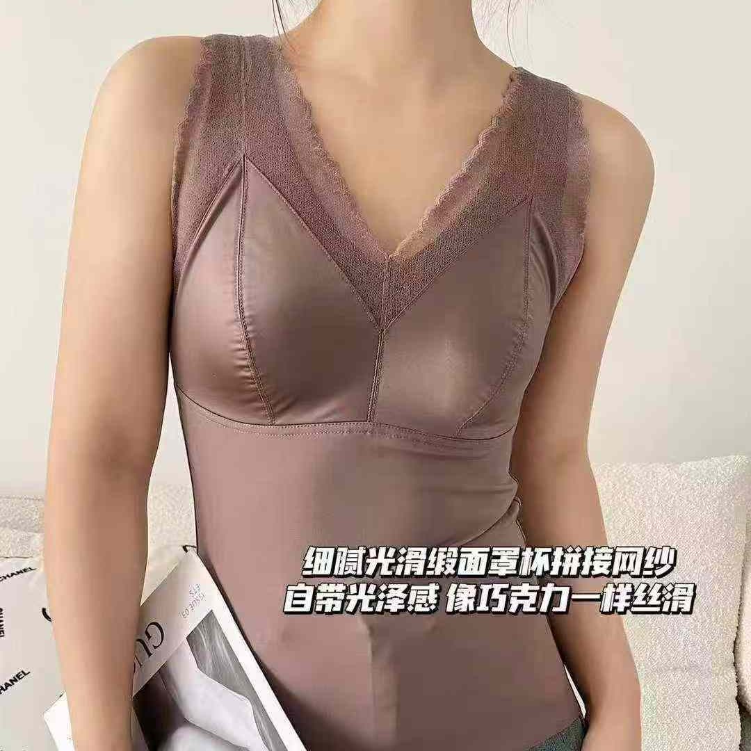 丝滑美背拼接蕾丝吊带背心内衣带胸垫内搭打底上衣