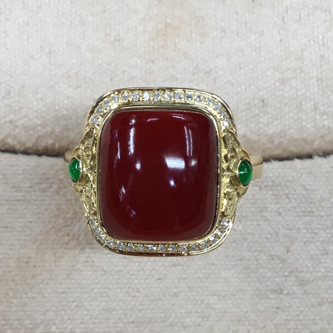 日本阿卡红珊瑚方形戒指新中式国风饰品女