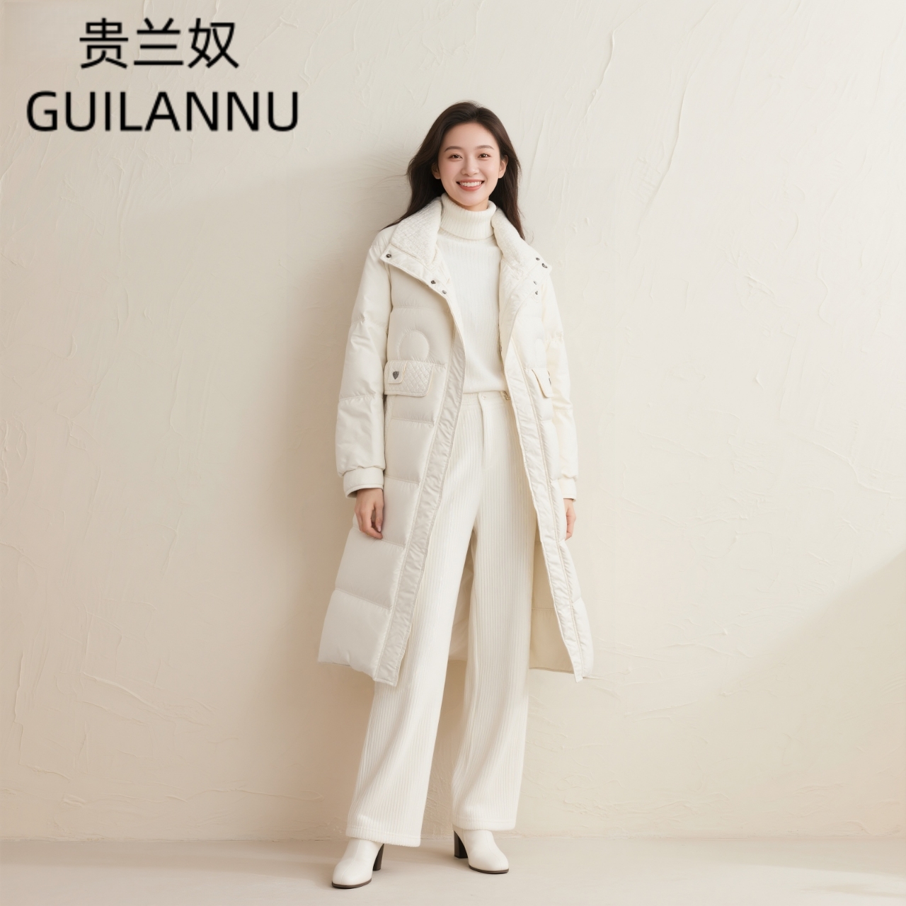 W964长袖厚款直筒型翻领女士白色时髦羽绒服