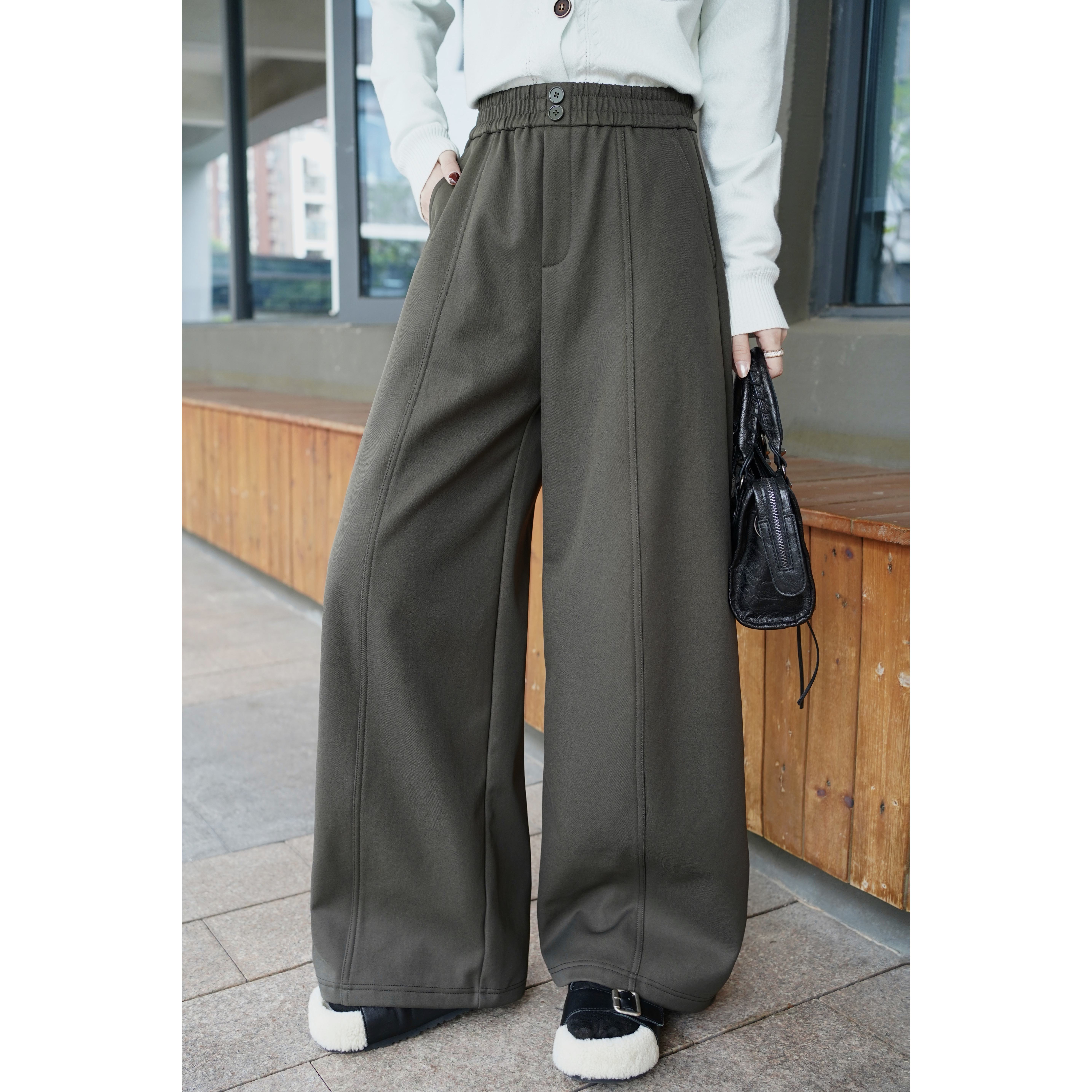 KIKI严选：83307-YER家欧货南油秋冬松紧腰加厚炸街高级感休闲长