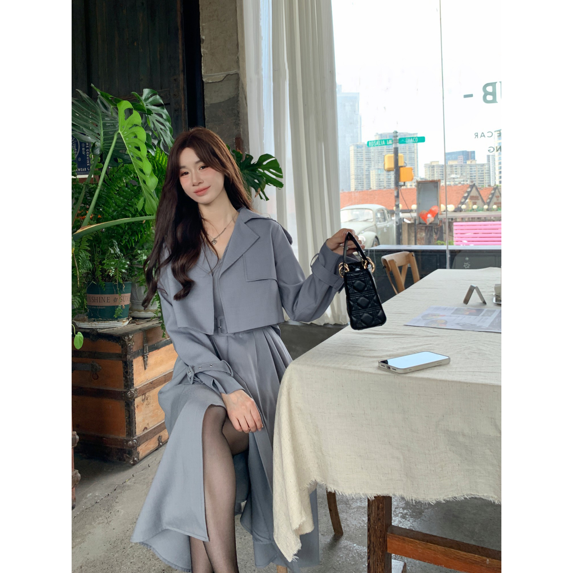 英伦风外套上衣+气质时尚休闲修身连衣裙