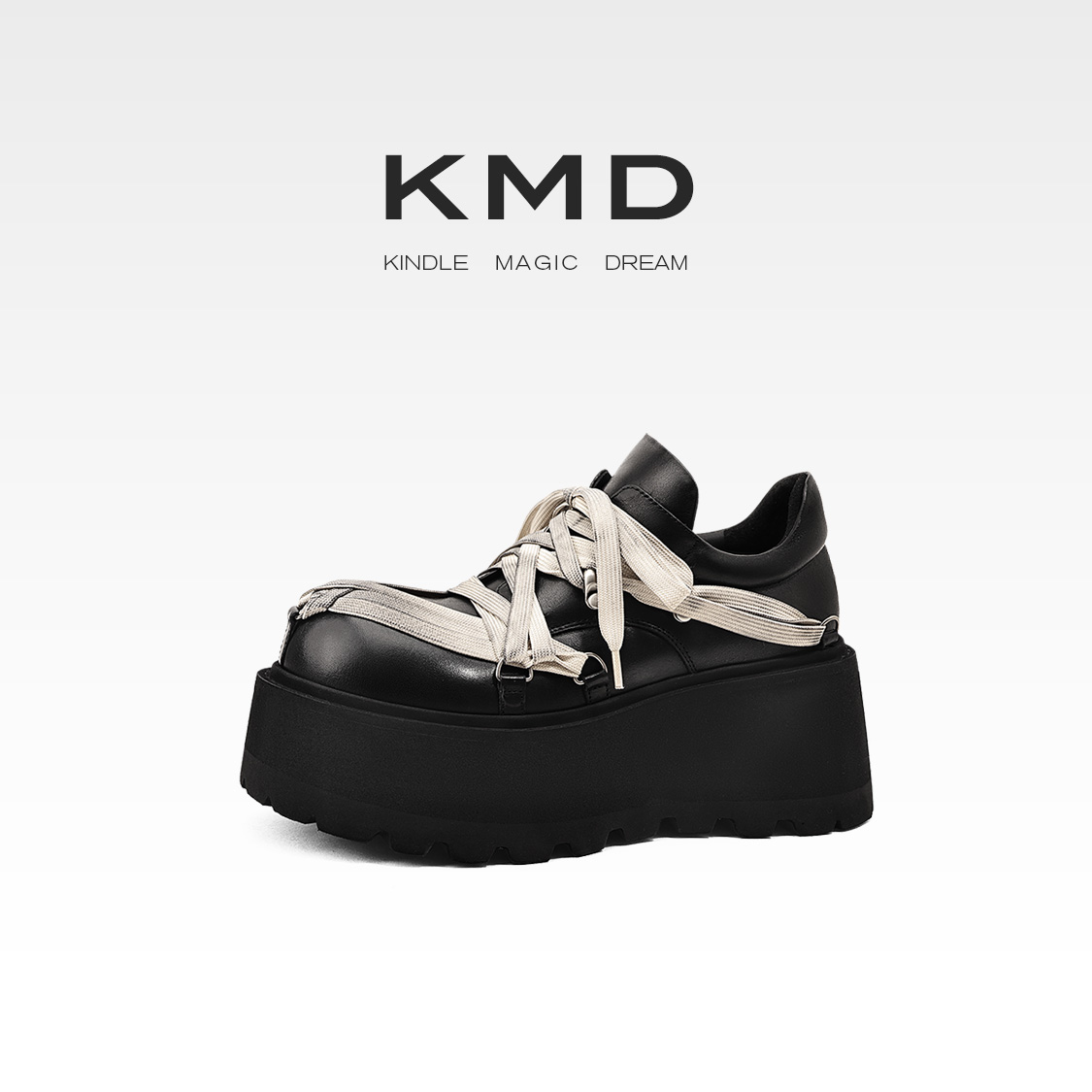 KMD SHOES 2025秋季新款厚底小皮鞋女绑带松糕底百搭休闲鞋小个子