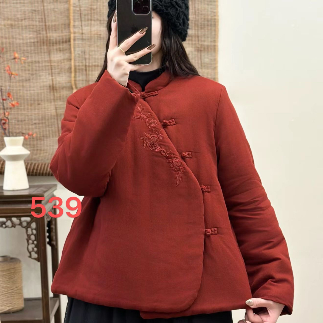 539-女冬季新款文艺复古刺绣盘扣显瘦宽松百搭开衫棉上衣加厚