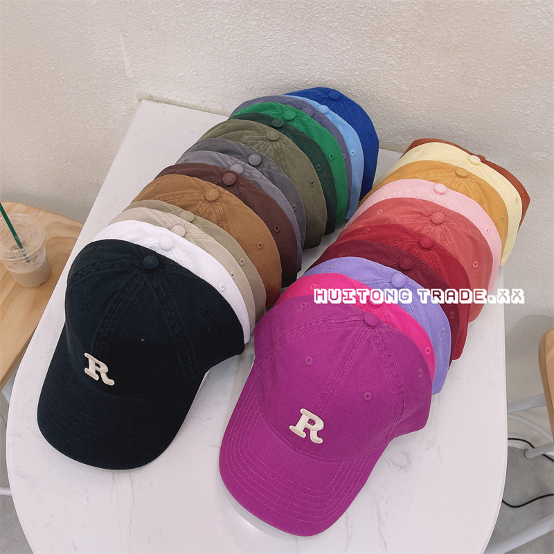 新款复古水洗棉字母R棒球帽男女四季韩版软顶遮阳学生情侣鸭舌帽