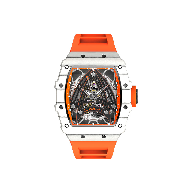 CronusArt克洛斯白橙色阿波罗运动机械手表时尚腕表防水夜光名表