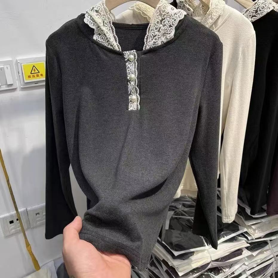 双面德绒蕾丝花边连帽加厚磨毛打底帽衫上衣秋冬