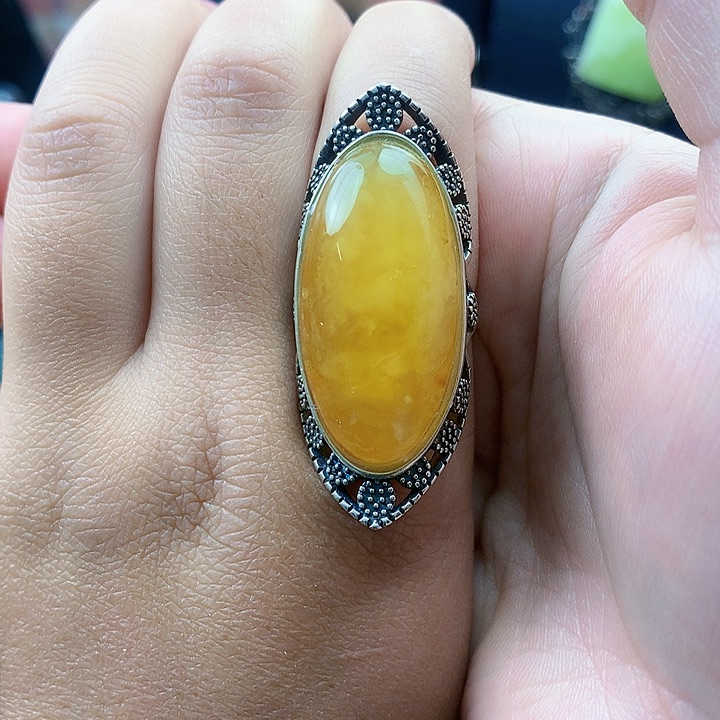 琥珀裸石银S925镶嵌戒指