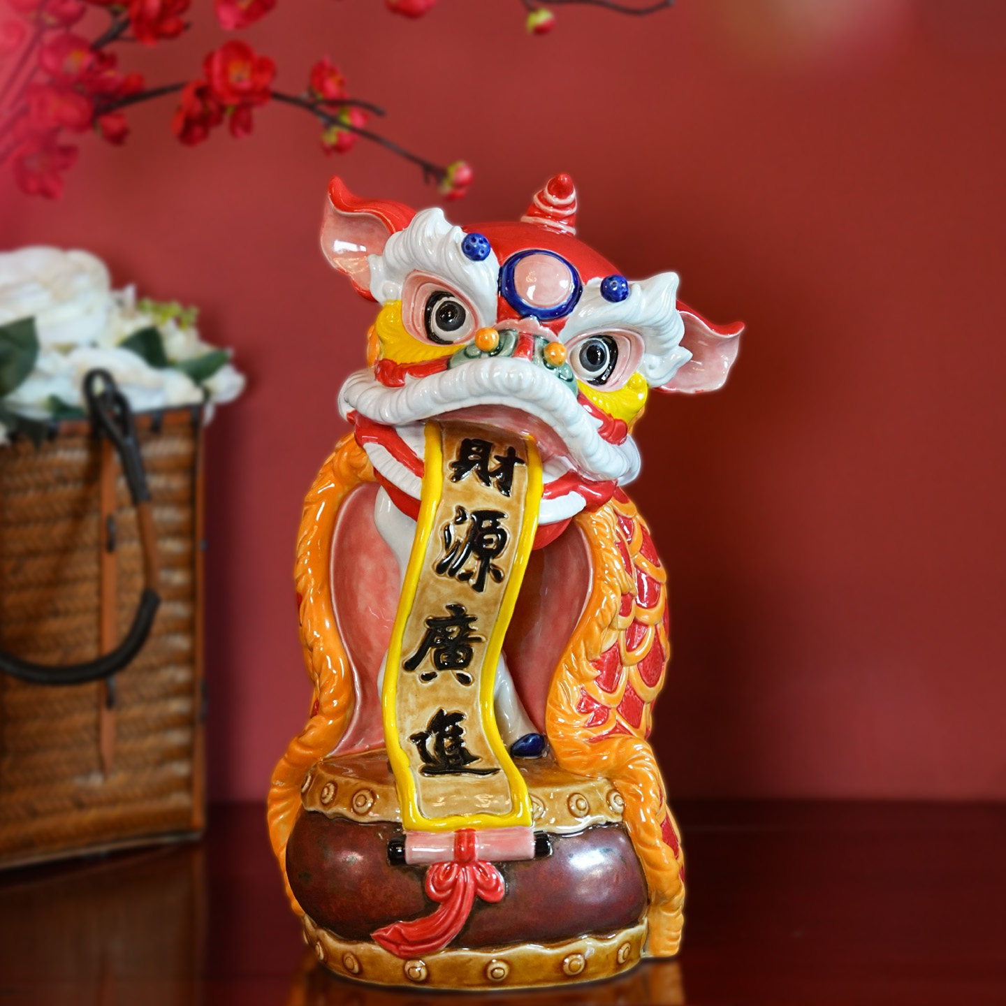 【本尼家】W09非遗手工石湾陶陶瓷醒狮《财源广进》桌面装饰玄关摆件